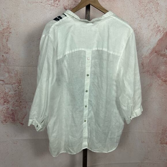 CHICO'S  artsy coastal 100% linen top size 3.5 XL white black resort palm leaf - Picture 4 of 5